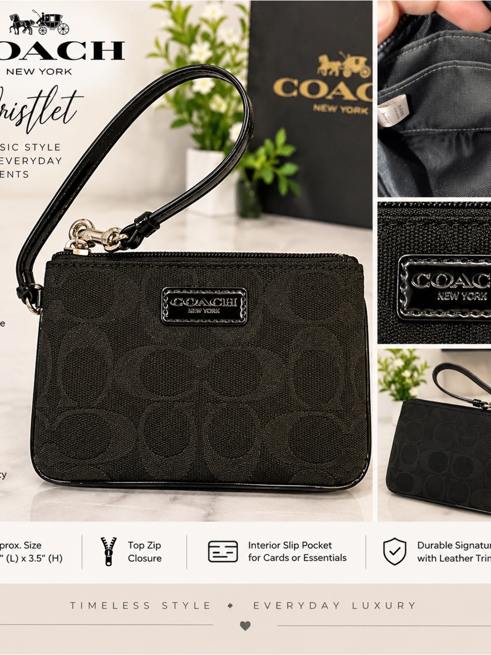 Coach Black Signature Wristlet with Leather Trim
